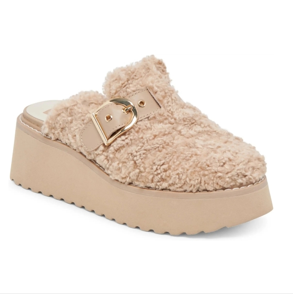 Dolce Vita Beige Faux-Shearling Platform Mules with Gold Buckle